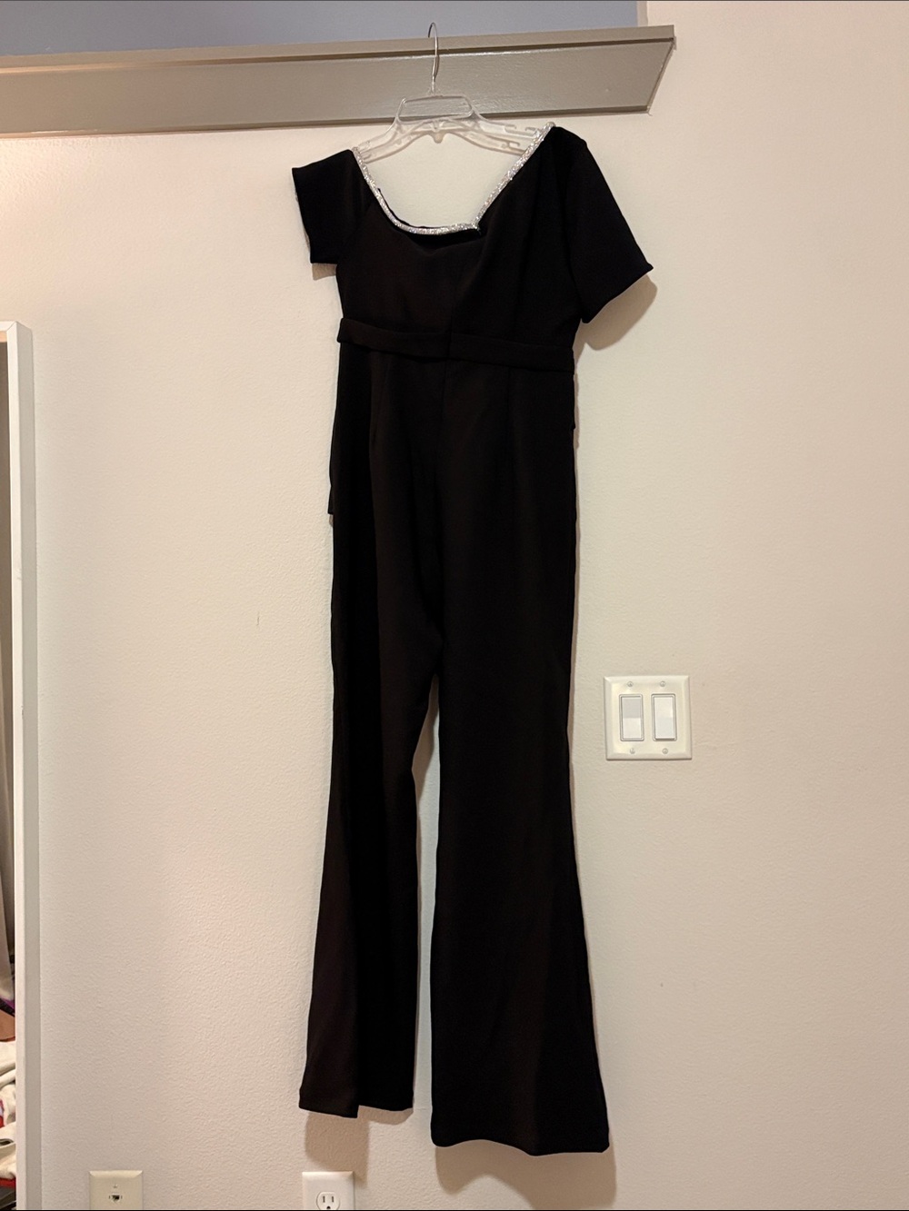 Fehaute Black Asymmetrical Rhinestone Wide Leg Jumpsuit SZ 4 NWT - Picture 3 of 6